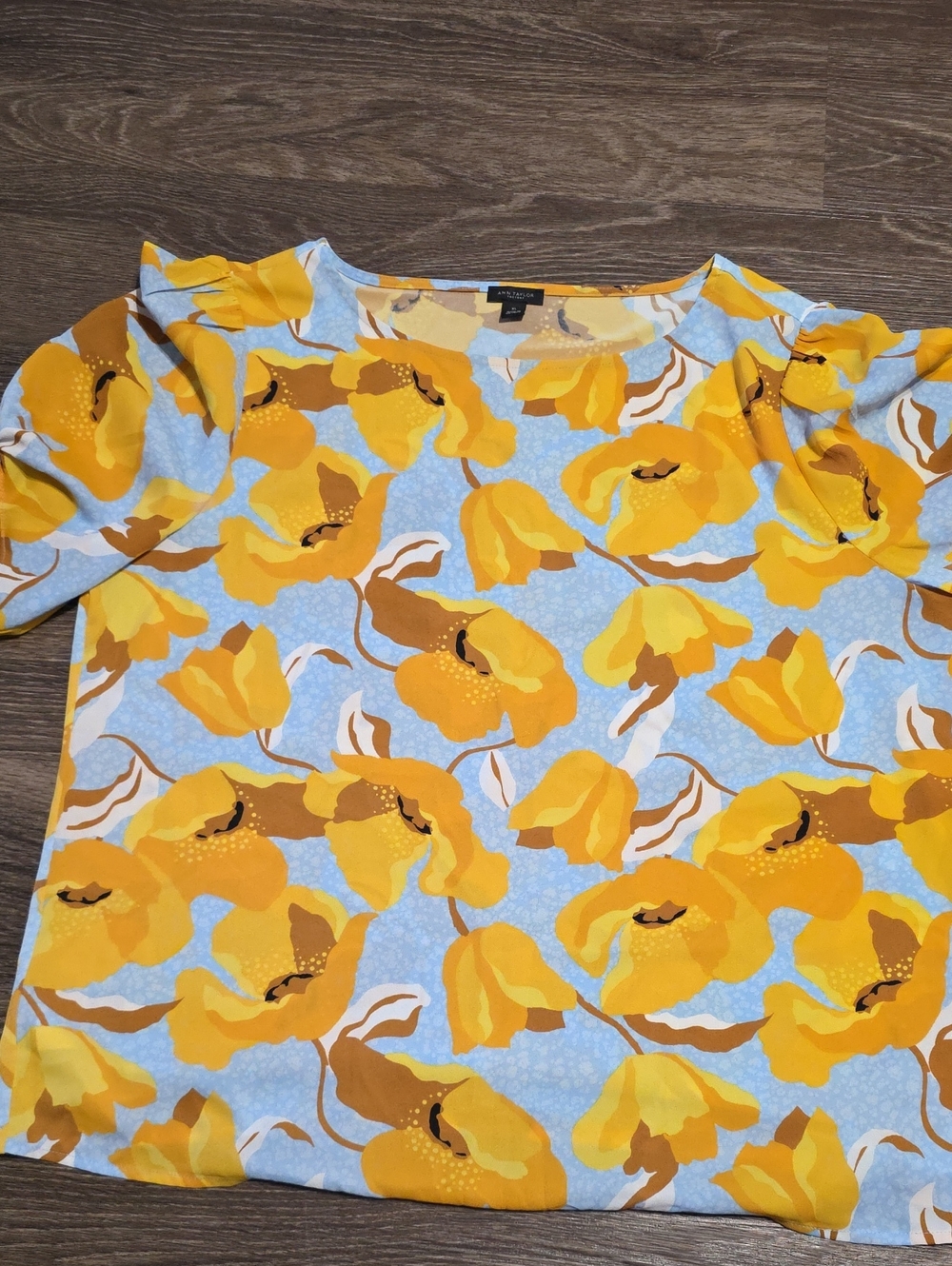 Ann Taylor Yellow Floral Puff-Sleeve Blouse on Light Blue